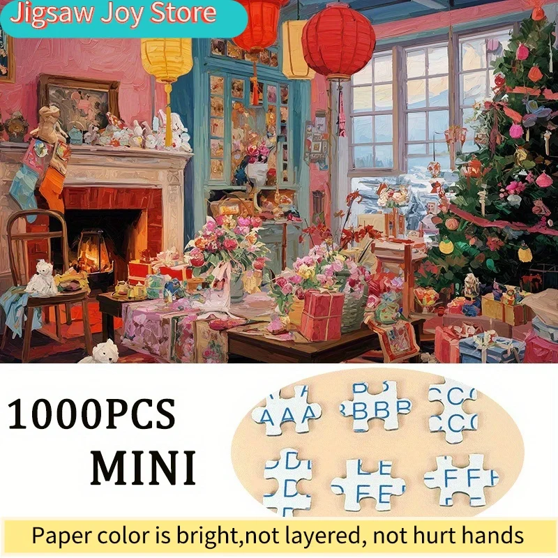 Een mini-papierpuzzel van 1000 stuks voor volwassenen, met de titel 'Kerstversiering in een gezellig huis', geschikt voor feestspellen en activiteiten
