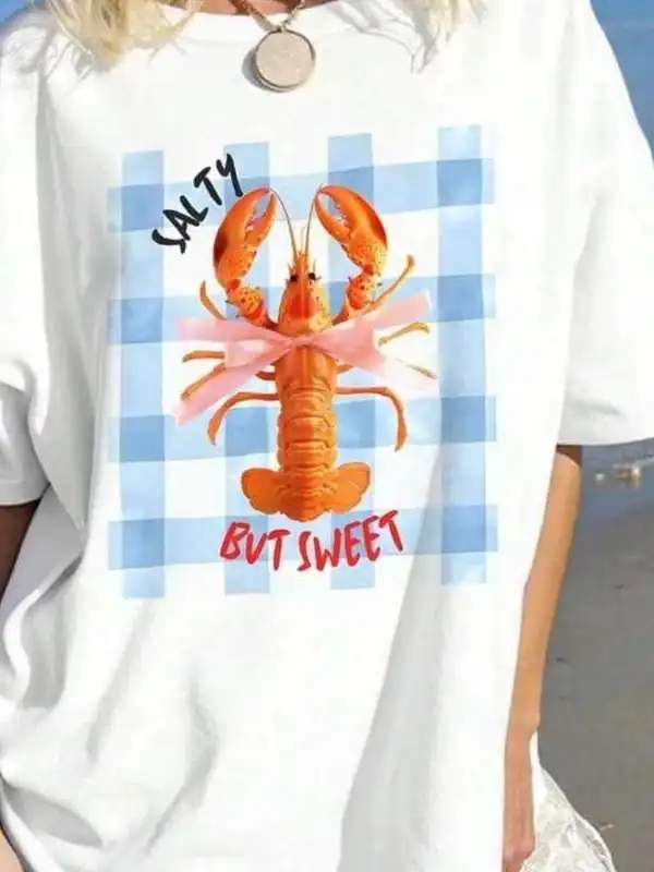 JHYF American Style Vintage Summer Checkered  Knot Lobster Spicy Girl Loose Short Sleeve T-Shirt Women Street Style ...