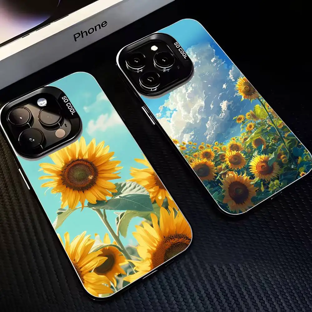 เคสโทรศัพท์ลายดอกทานตะวันสุดโรแมนติก สำหรับ iPhone 16,15,14,13,12,11,Mini,Pro,MAX สีดำด้าน กันกระแทก