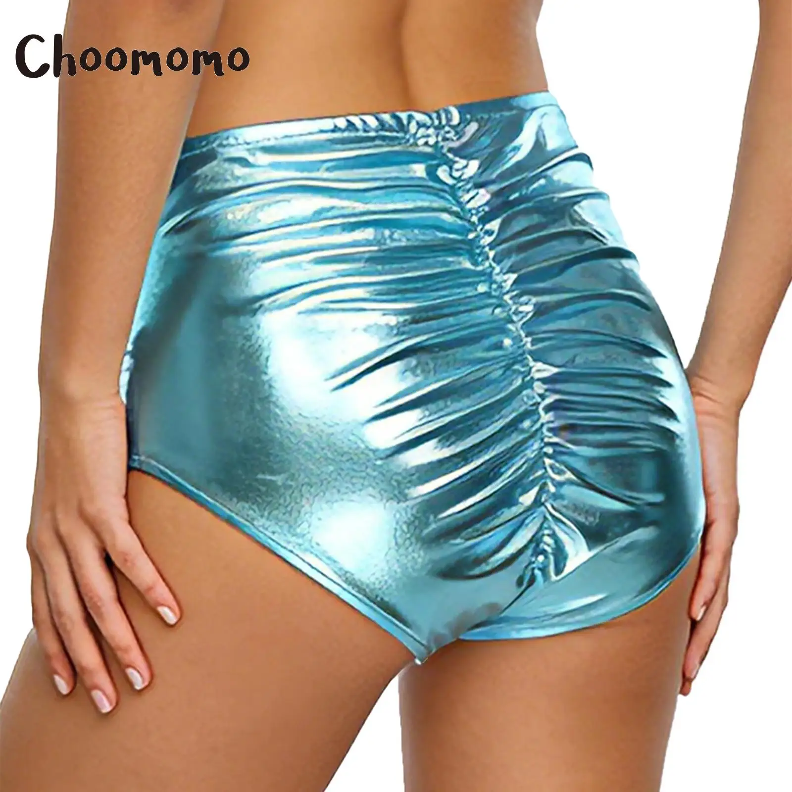

Womens Iridescent Metallic Shorts Hot Pants Briefs Cute Bow Ruched High Waist Shiny Booty Shorts Music Rave Dance Party Clubwear
