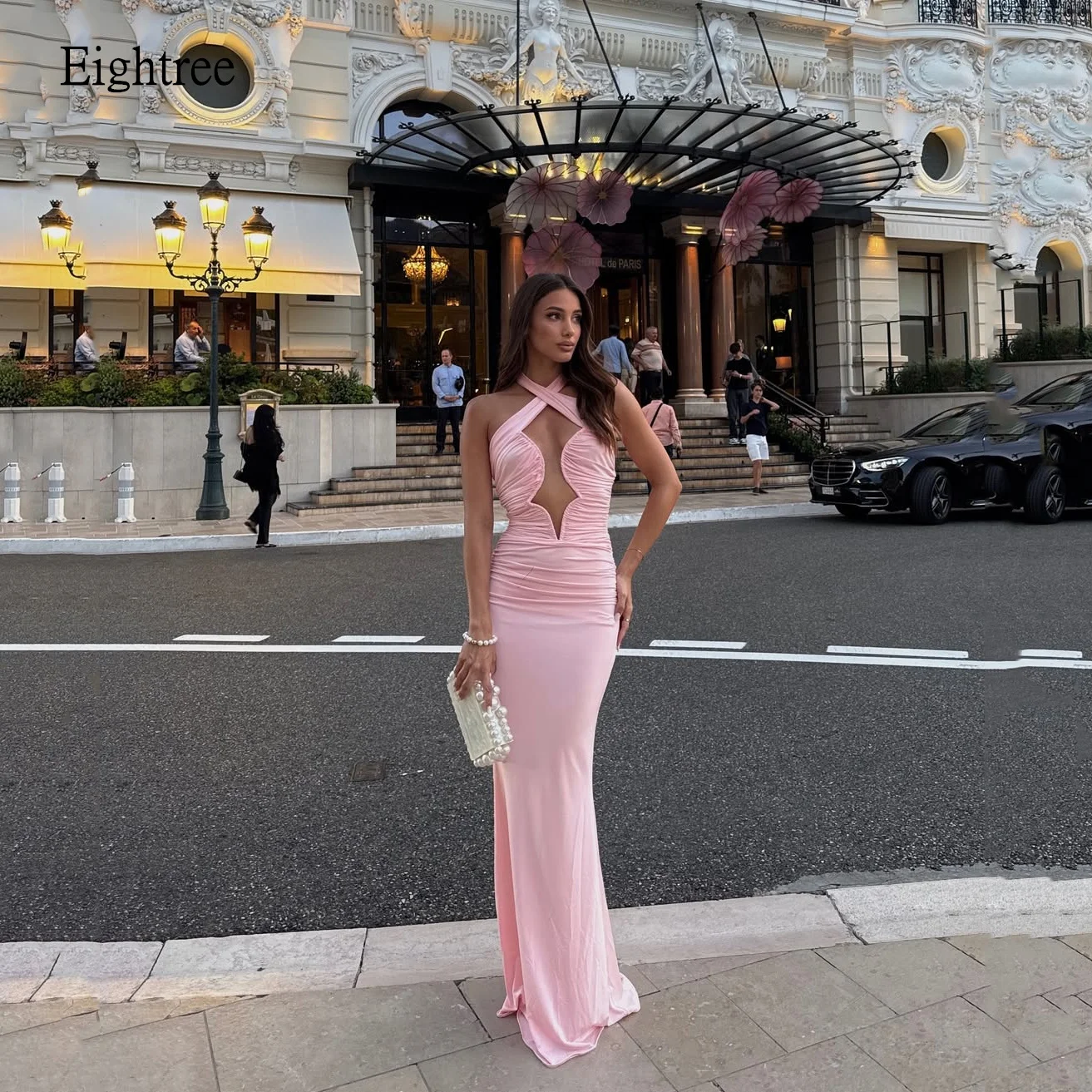 

Eightree Halter Pink Mermaid Prom Gowns Exposed Skin Backless Evening Dress Gala-ready Floor Length Party Dresses Customized