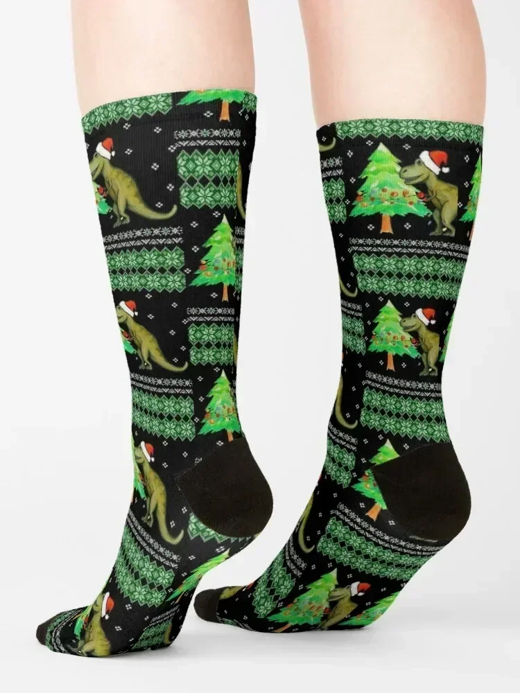 T-Rex Christmas Ugly Christmas Dinosaur Christmas Socks cool floral happy essential Girl'S Socks Men's