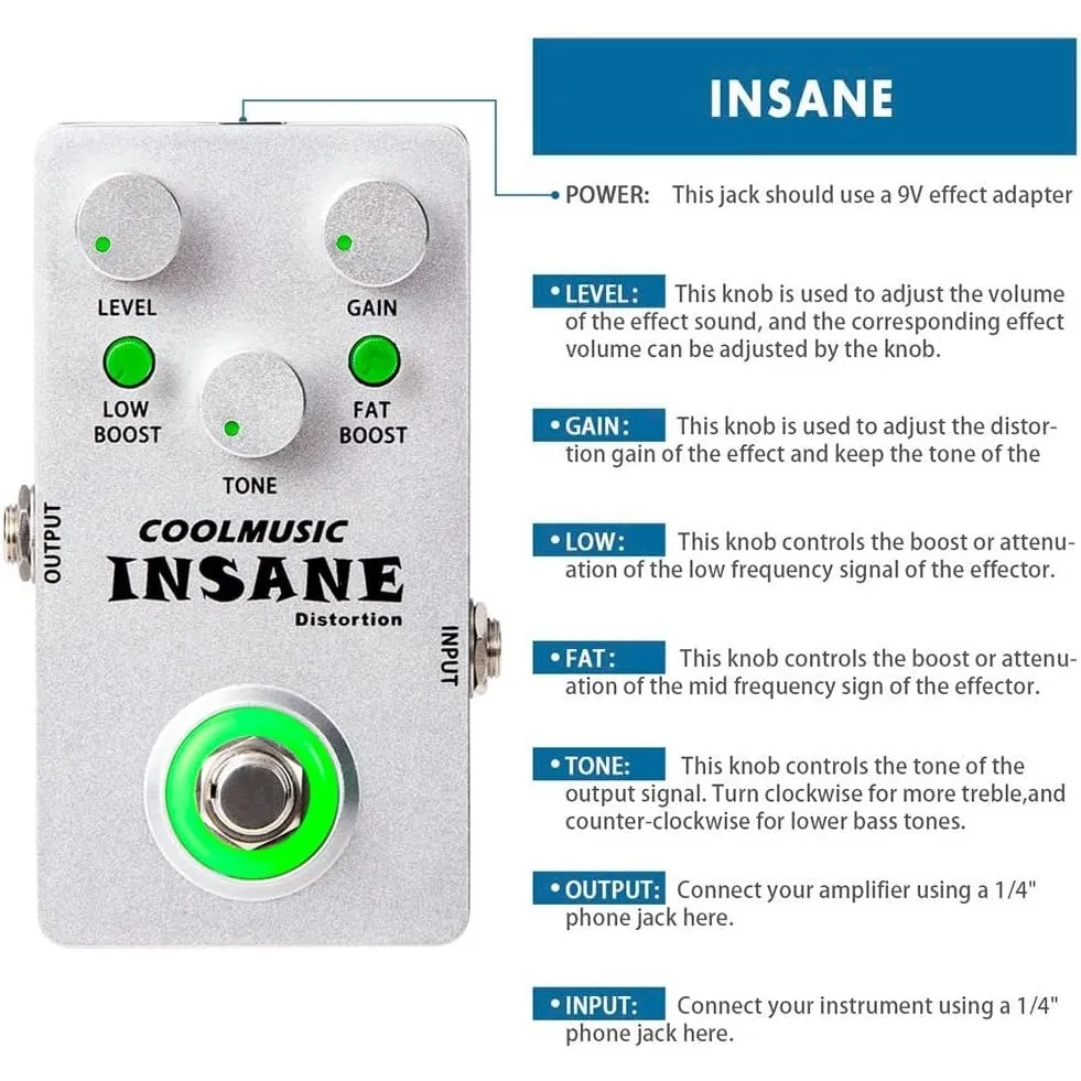 COOLMUSIC C-DI01 Analog Insane Distortion Guitar Bass Distortion Pedal