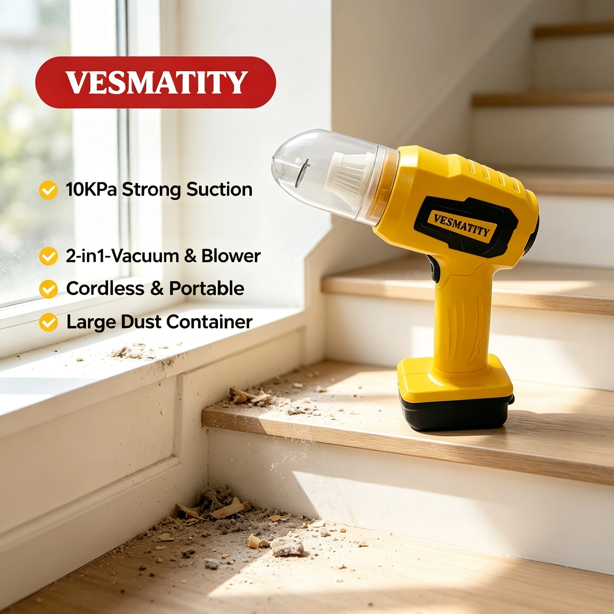 Vesmatity 10Kpa Handheld Car Vacuum Cleaner Suction Power Cordless Dust Collector Blower Tool 18V Battery Pro Max Plus