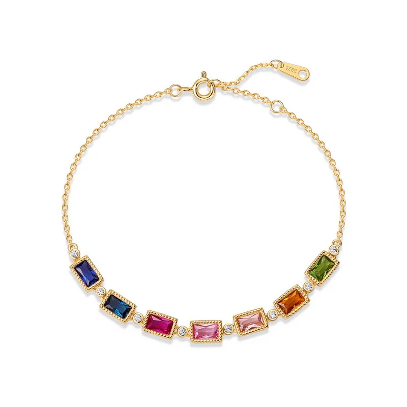 Trendy 18K Gold Plated Rainbow Gemstone Link Bracelet for Women Colorful Baguette Zircon Charm Bracelet Y2K Party Jewelry