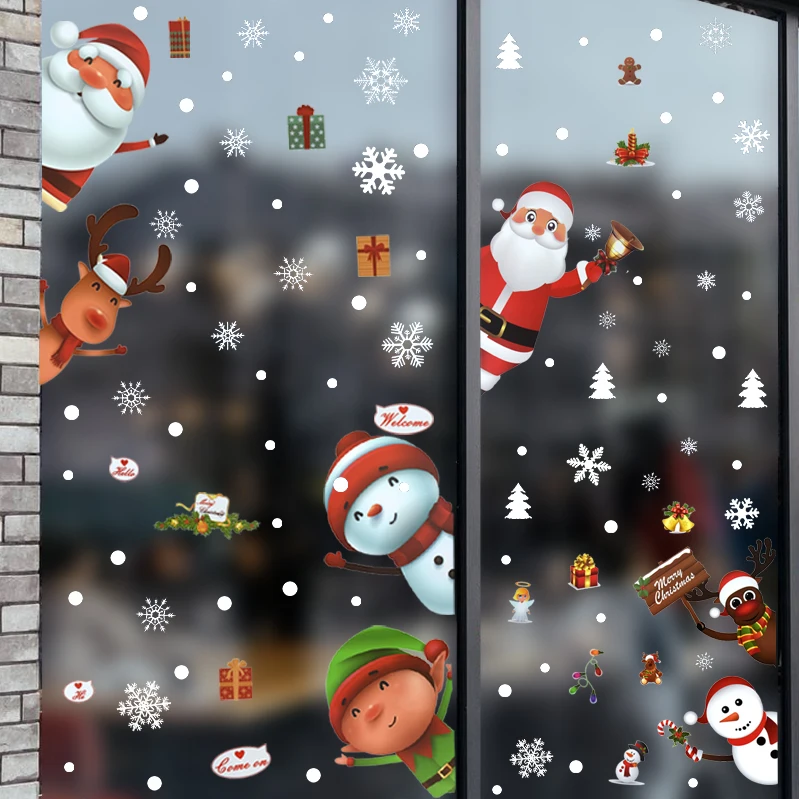 Cartoon Christmas Wall Stickers Santa Claus Reindeer Snowman Snowflakes Garland Static Glass Stickers Window Decoration