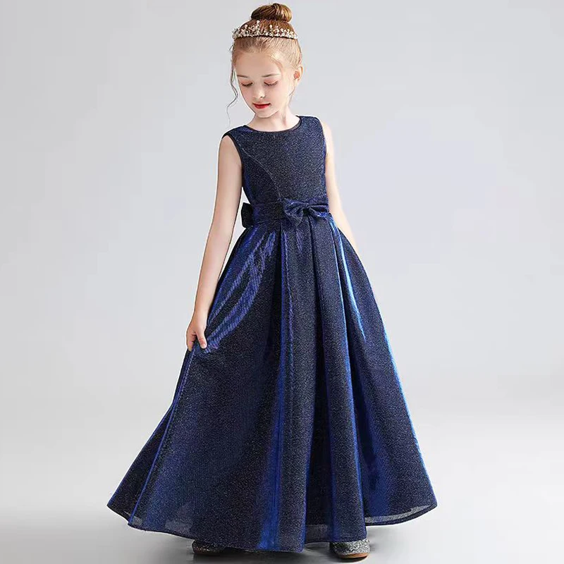 Princess Style Long Silk Evening Dress for Girls Starry Blue Piano Violin Playing Suit Ideal for Host Performance