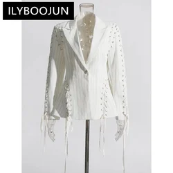 Ilyboojun gestreifte kreuz und quer bindende lässige Blazer für Frauen gekerbter Kragen Langarm schick elegante Blazer weibliche Mode