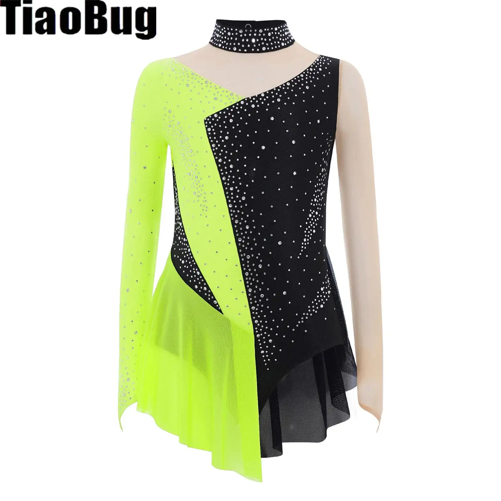 Girls Sparkly Rhinestone Figure Skating Leotard Dress Long Sleeve Sheer Mesh Ballet Rhythmic Gymnastics Dance Bodysuit Costume