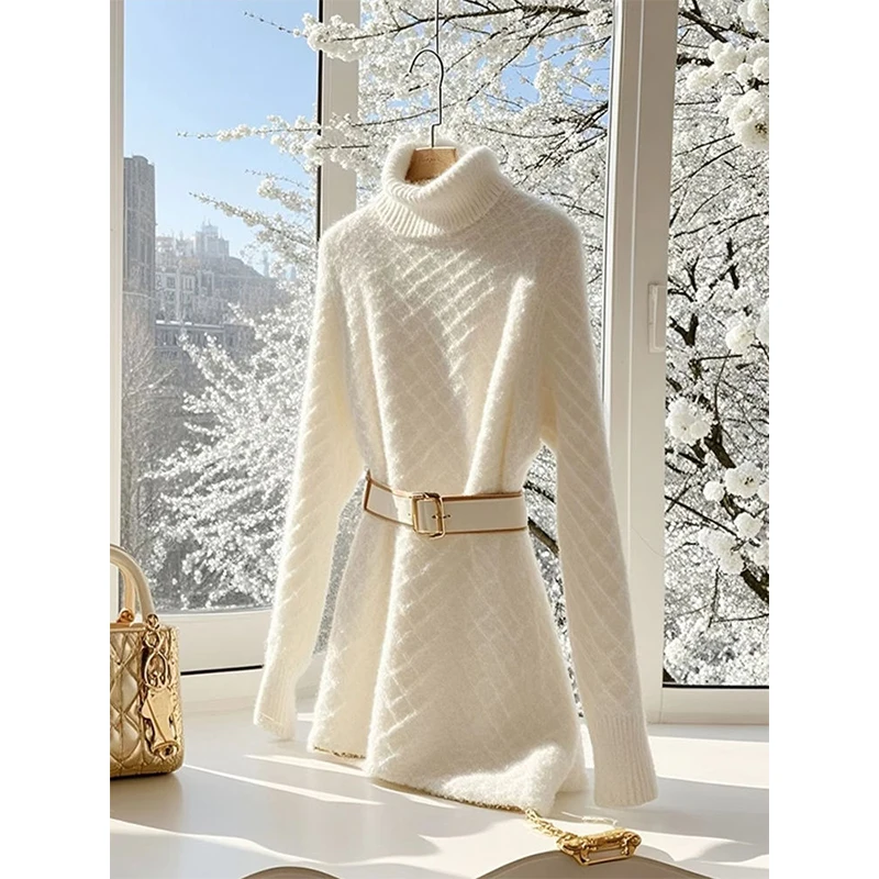 MEXZT Rollkragen Gestrickte Mini Kleid Frauen Mode Elegante Gürtel Weiß Pullover Kleider Winter Koreanische Lange Hülse Bodycon Vestidos