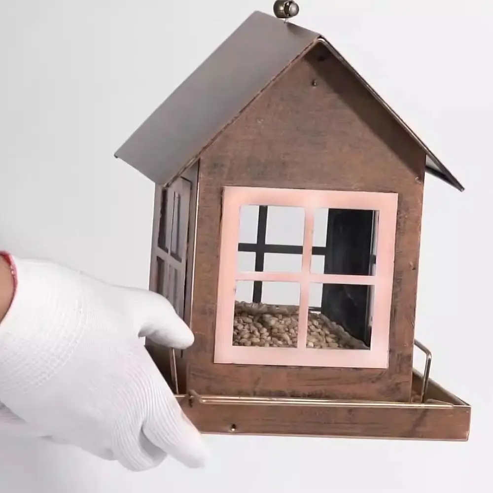 

Hanging Bird Feeder House Shape Windproof Bird Feeding Equipment Metal Large Capacity Parrot Feeding Station Balcony