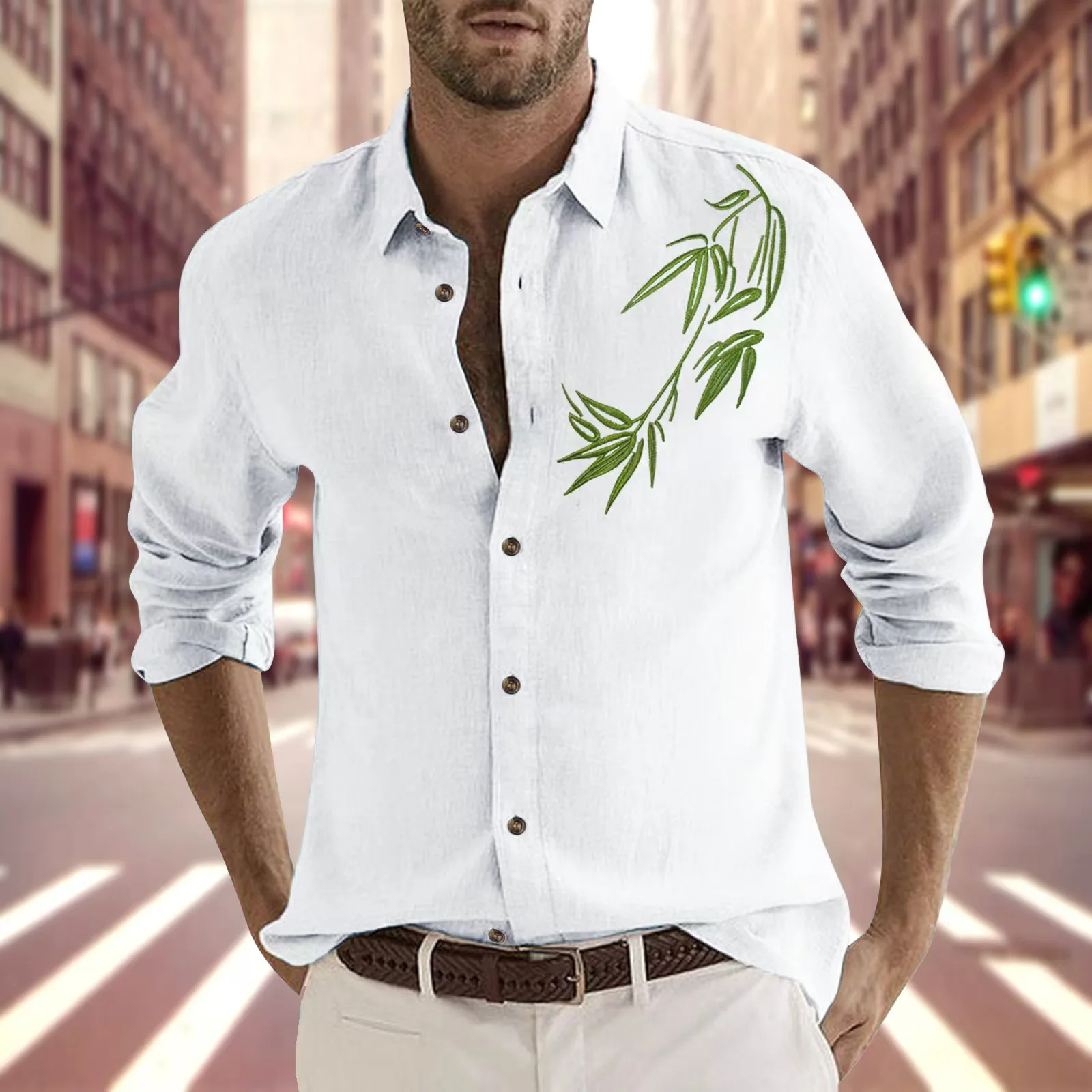 

Spring and autumn men's casual shirt fashion high quality trend embroidery lapel long sleeve cardigan slim solid color shirt