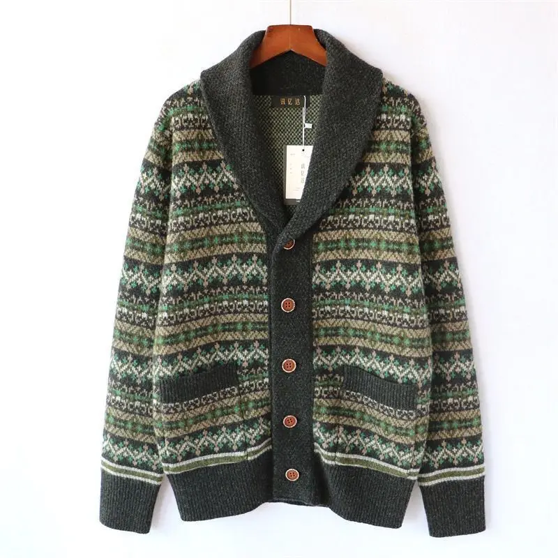 Autumn and Winter Heavy Weight Retro Style Mens Sweater Cardigans Thick Style Foreign Trade Fer Island Jacquard Weave