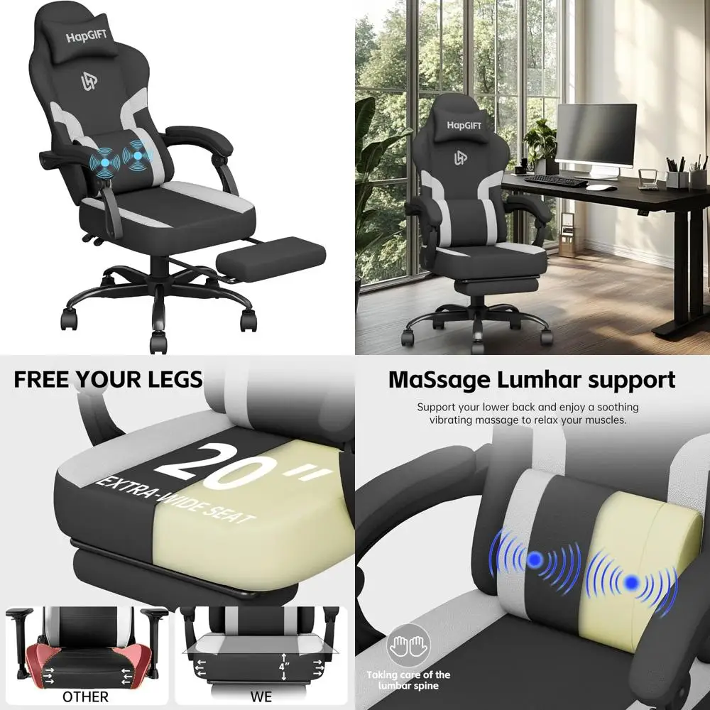 

Ergonomic Computer Gaming Chair with Footrest, Massage Lumbar Support, Technology Fabric for Gamers, Comfortable Seating for Lon