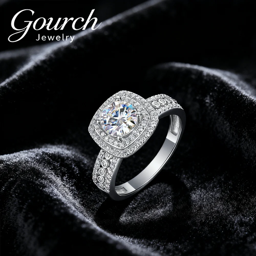 

Gourch D VVS1 Princess Cut 1CT Double Halo Moissanite Ring S925 Silver GRA Engagement Wedding Birthday Jewelry Gift for Women