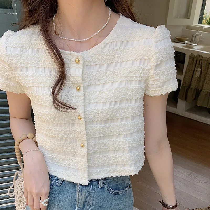 

Pop Korean Chic Girls Summer Short Sleeve Blouse Women New Fashion Buttons Slim Short Tops Ladies Casual Cute Blouses
