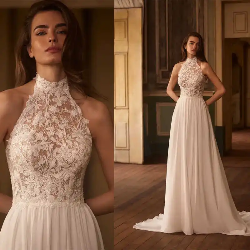 

Romantic Lace Appliques Wedding Dresses Halter Neck Sleeveless A Line Bridal Gowns Engagement Occasion Party Customized
