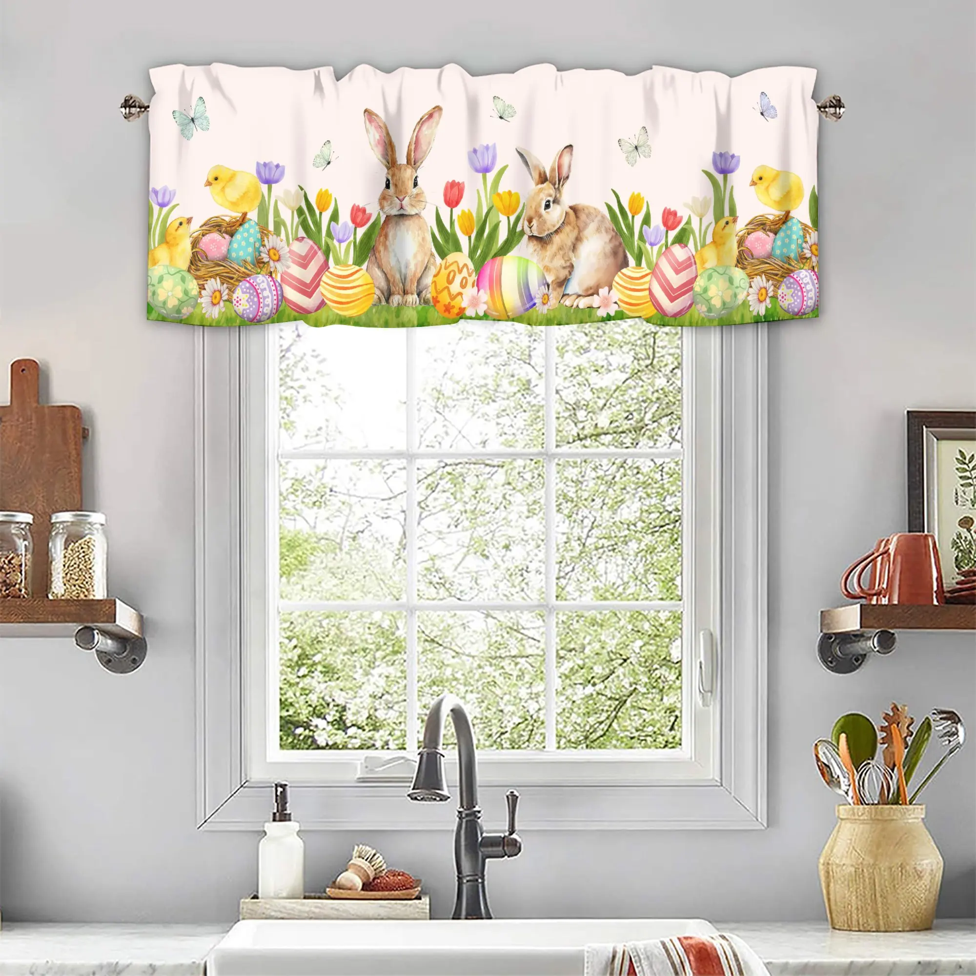 2 Piece Set Easter Bunny Curtain Valance Window Rabbit Easter Eggs Kitchen Short Curtains Valances Floral Windows Decoration