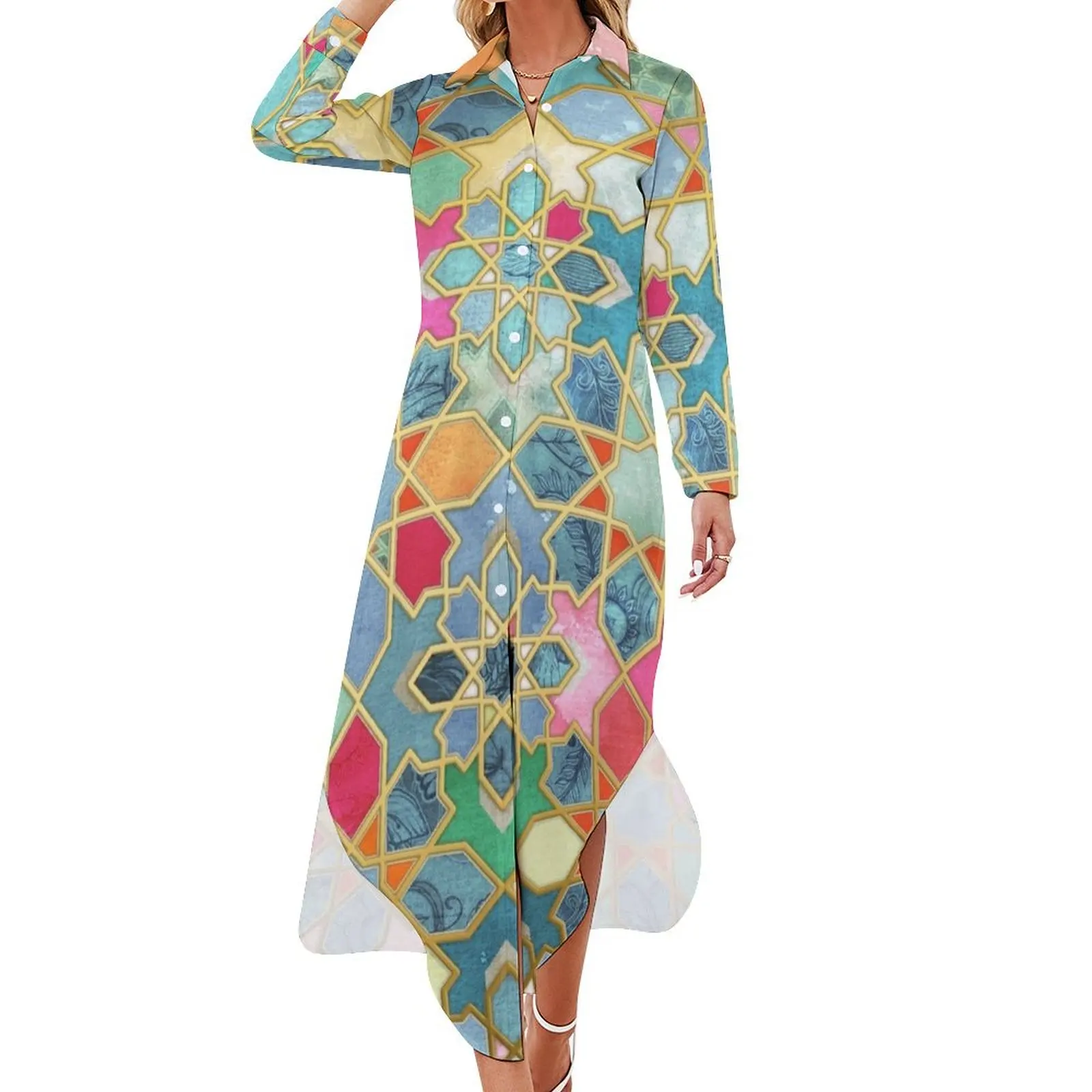 

Gilt & Glory - Colorful Moroccan Mosaic Long Sleeved Shirt Dress sexy dress Women dresses summer