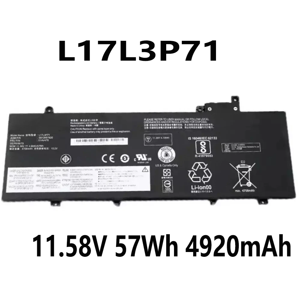 

L17L3P71 11.58V 57Wh 4920mAh Laptop Battery For Lenovo ThinkPad T480s series L17M3P71 L17S3P71 01AV478 01AV479 SB10K97621