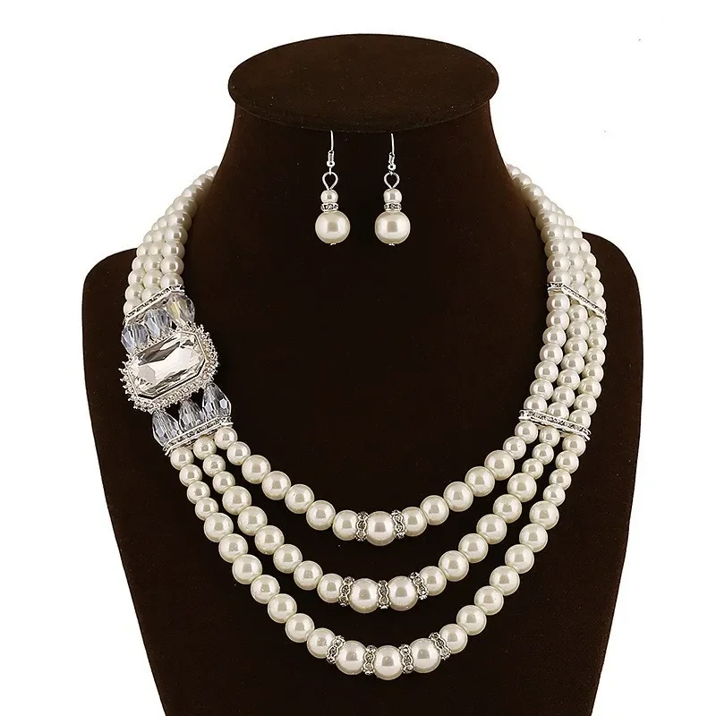 3-layered White Faux Pearl Necklace and Earrings Set with Crystal  Rhinestone Bridal Long   Jewelry