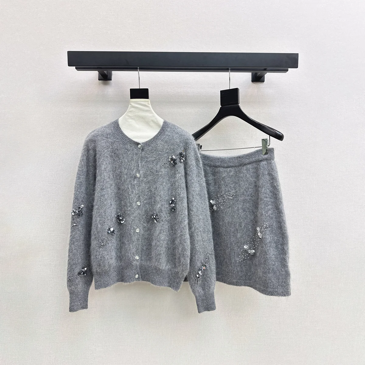 2026 High Quality Women Wool Knit Set, Beaded Sequin Cardigan + Mini Skirt 2 Piece Outfit261020115