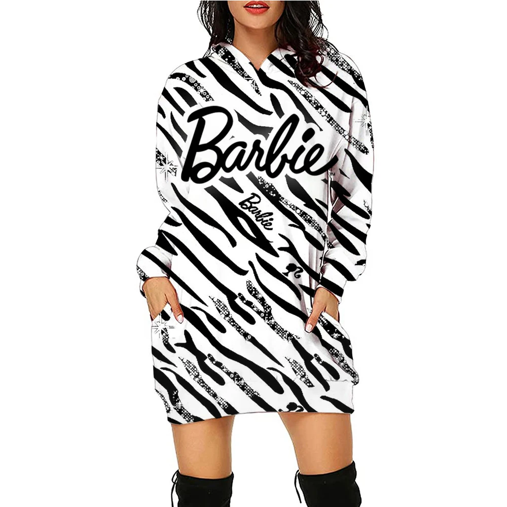 Round Neck Long-Sleeved Women\'s Party Dress Barbie Princess print A-Line Dress Winter Fashion Casual Loose Hoodie Dresses ๏ปฟ