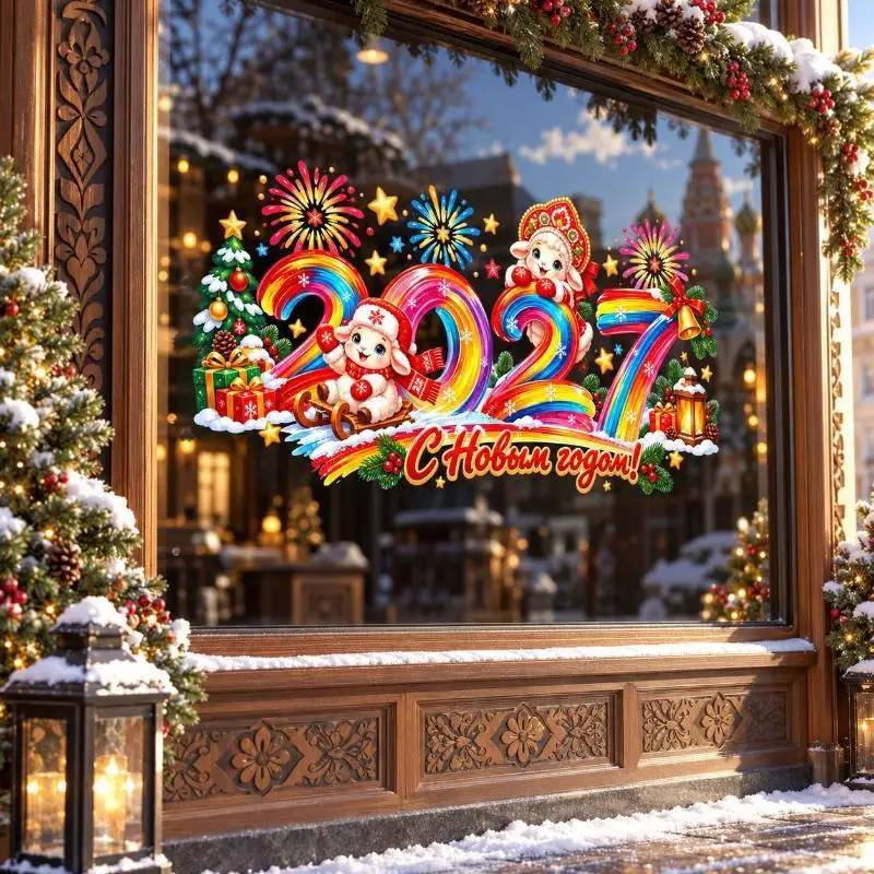 2027 Russian New Year Window Stickers Colorful Firework Rainbow Sheep Glass Decals Home Shop Window Decor
