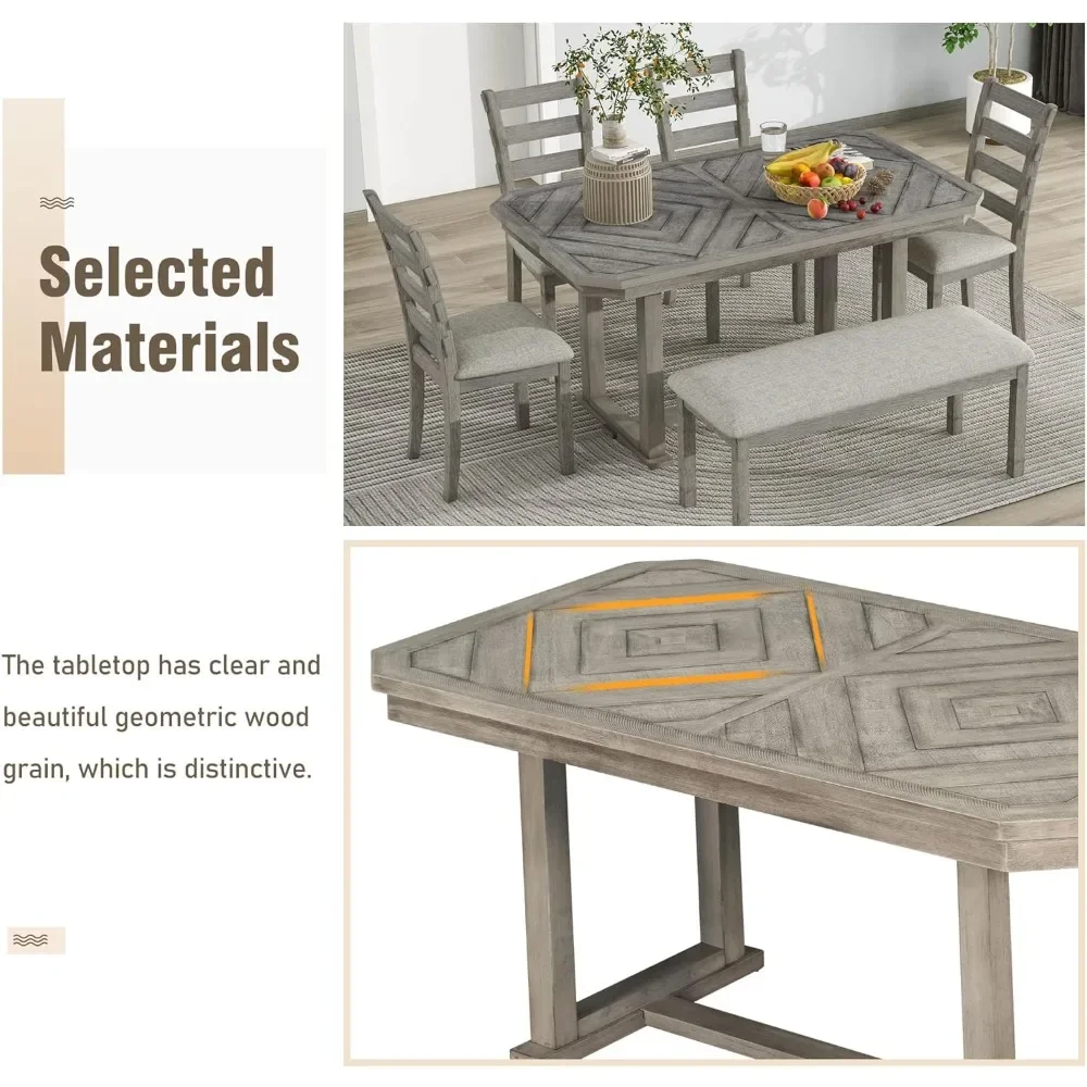 6-Piece Rubber Wood Dining Table Set with 4 Cushioned Chairs and Bench, Beautiful Wooden Grain Pattern Tabletop, Grey