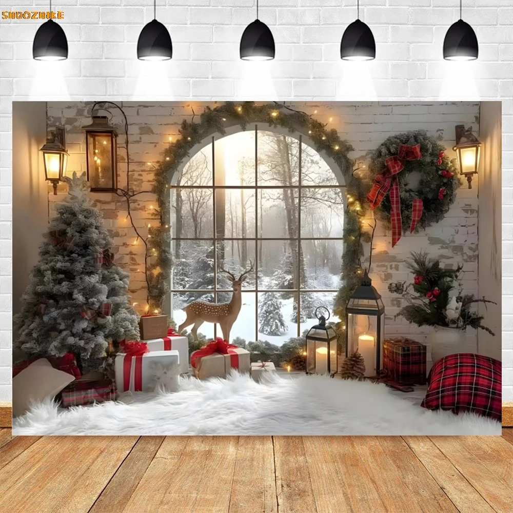 Dekorasi latar belakang fotografi Natal, pohon Natal hadiah jendela pintu kayu kamar Interior anak potret foto latar belakang dekorasi Studio foto