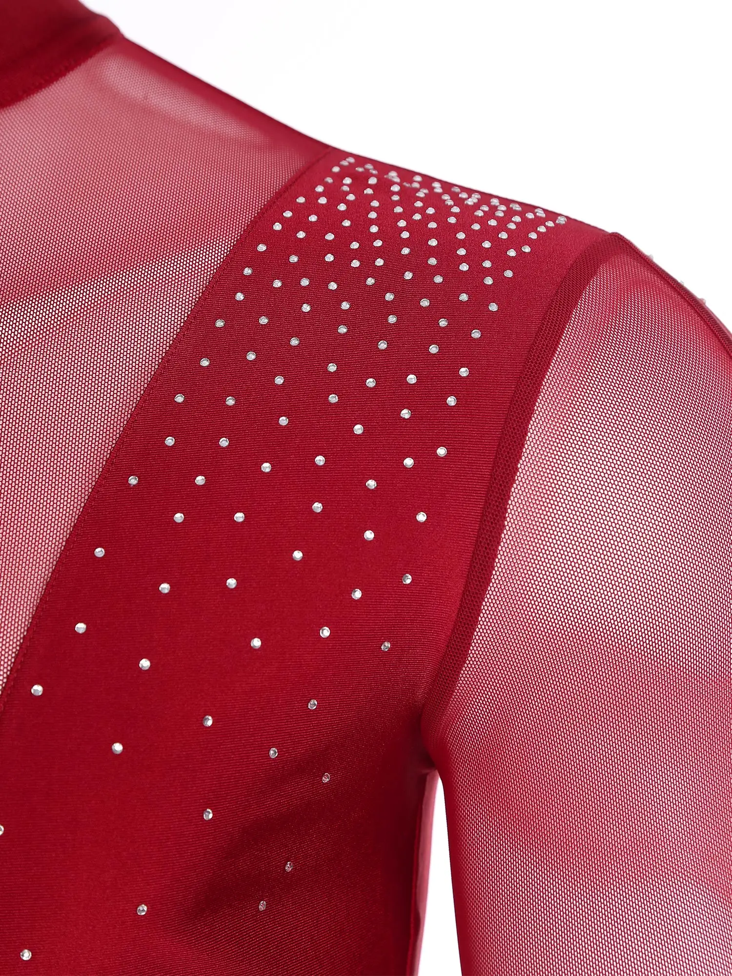 Top de baile latino para hombre, camiseta de manga larga con cuello simulado y diamantes de imitación brillantes de malla transparente, blusa para escenario de Ballet Chacha Tango