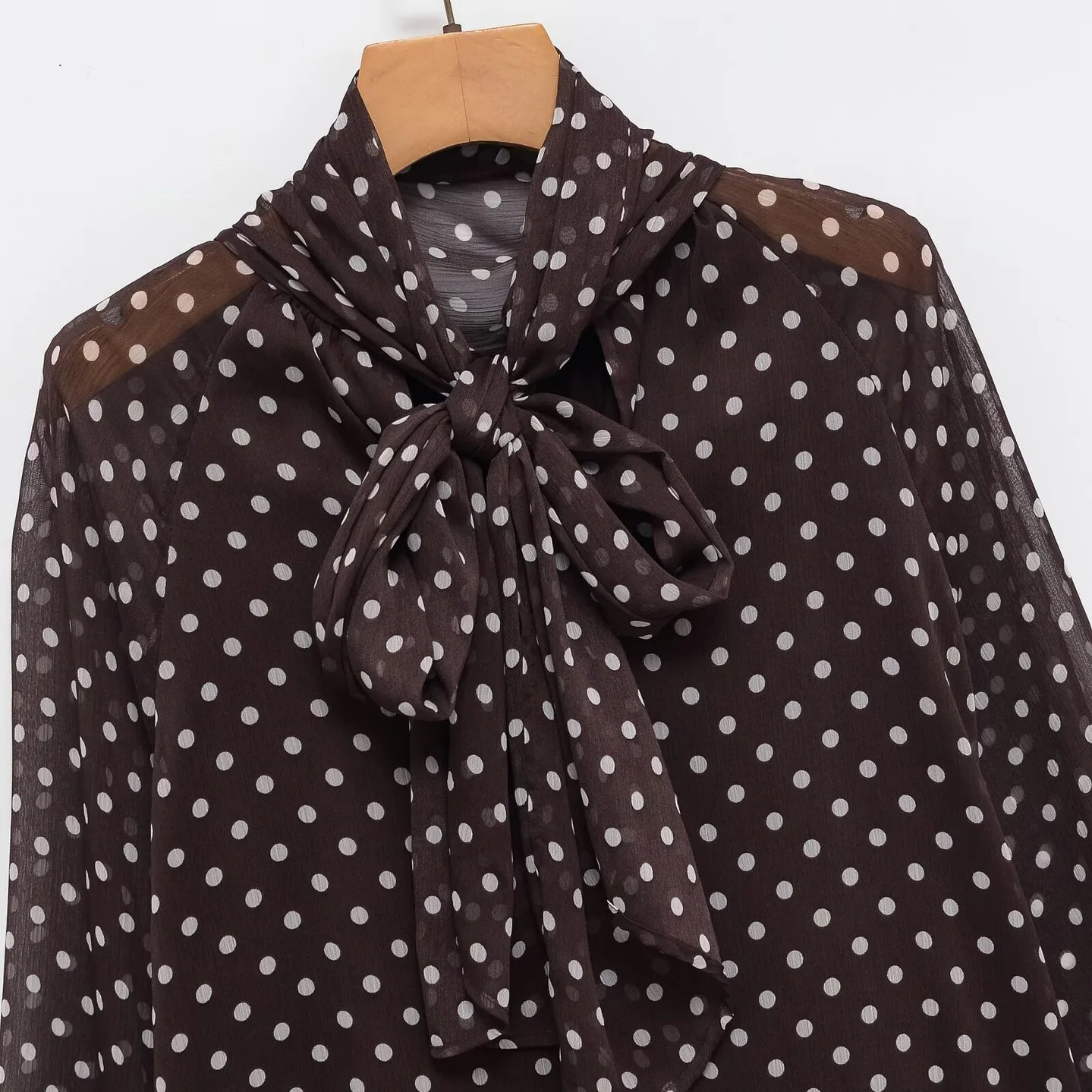 Camicia a maniche lunghe da donna con stampa a pois Colletto alla coreana autunnale Camicetta elegante in chiffon Top elegante allentato con volant di lusso
