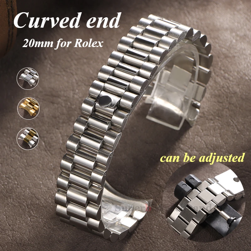 Pulseira de metal sólido de 20 mm para Rolex com extremidade curvada pulseira de aço inoxidável para fivela presidencial de ostra para homens prata ouro