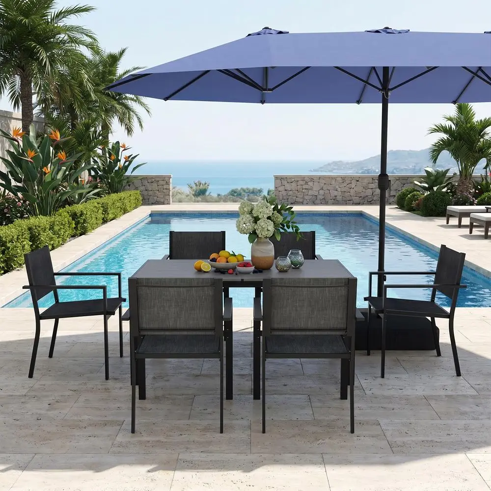 

8Piece Patio Table and Chairs Set amp 15ft Patio Umbrella for 6, All Weather Outdoor Dining Set with 6 Textilene Chairs and 1 R