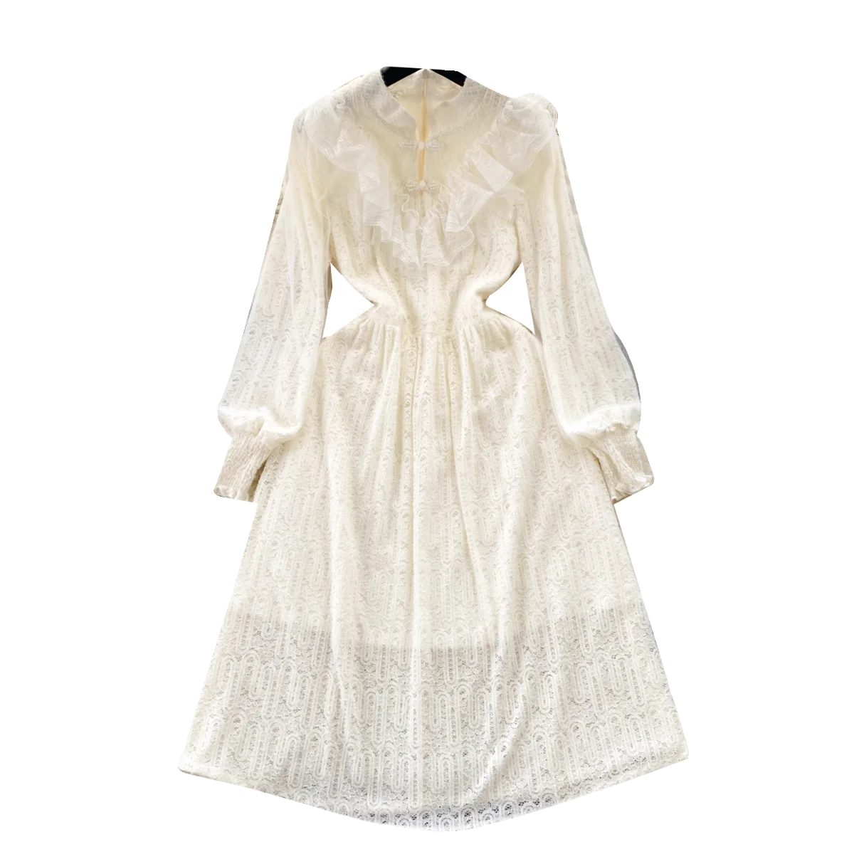 Elegante vestido floral longo de renda feminino, Ruffle, Stand Collar, Malha, Duas camadas, Branco, Fada, Doce, Novo, Outono, 2023