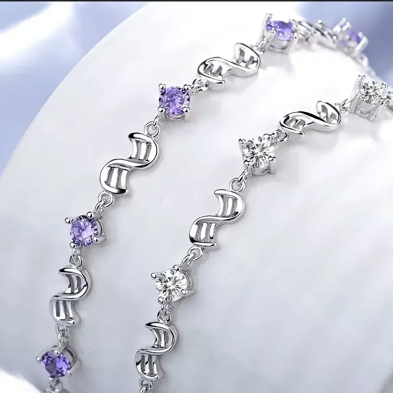 

luxury designer 925 Sterling Silver Bracelet for women Jewelry White Purple Retro Wedding Shaped Cubic Zirconia Length 17CM+4CM