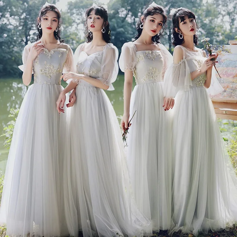 

4 Styles Grey Bridesmaid Dresses Sweet Off Shoulder Embroidered Wedding Female Guests Dresses Elegant Tulle Sisters Party Gown