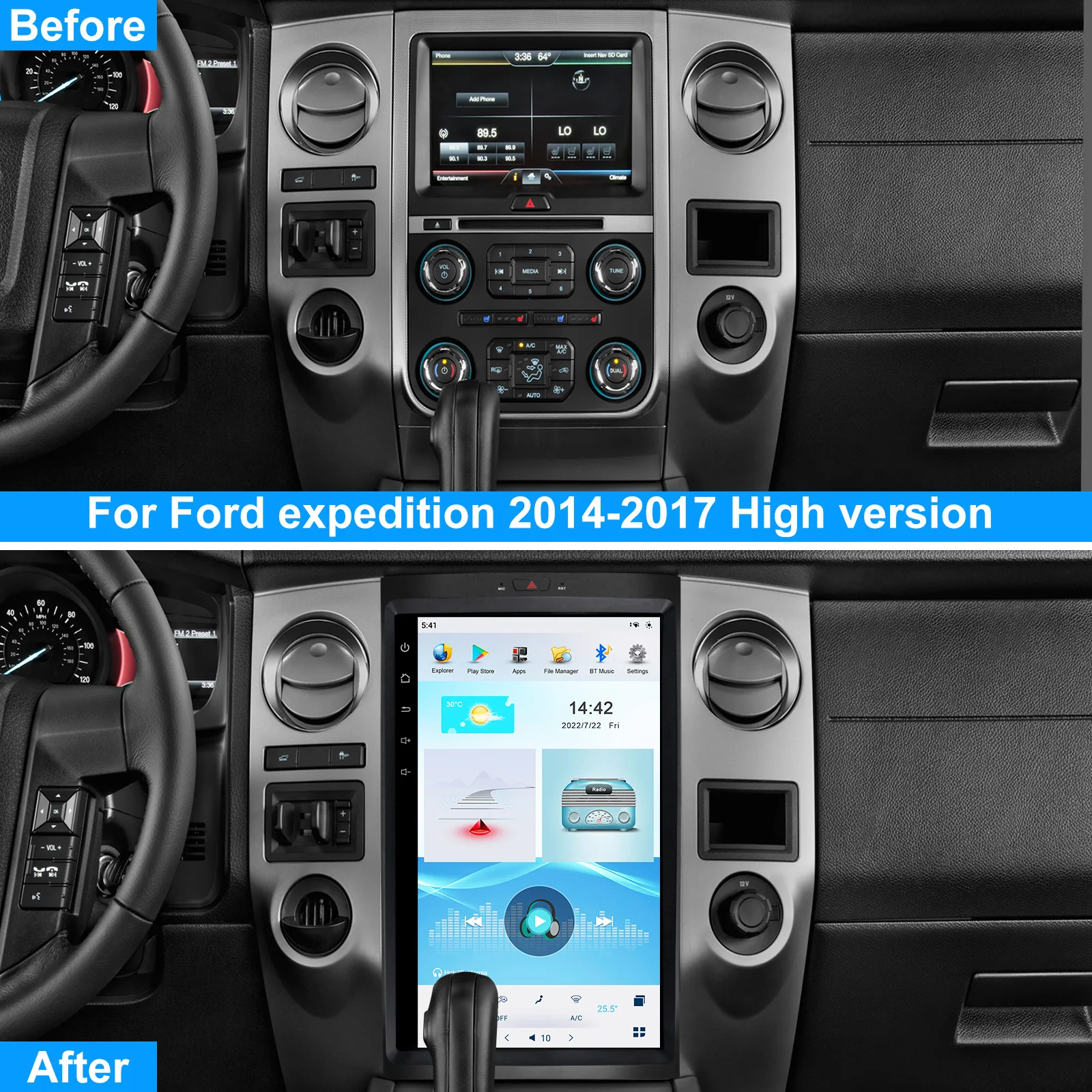 17 inch For Ford Expedition AUTO A/C 2014 -Automotive Intelligent Car System Android 13 Screen Display Carplay Stereo Radio