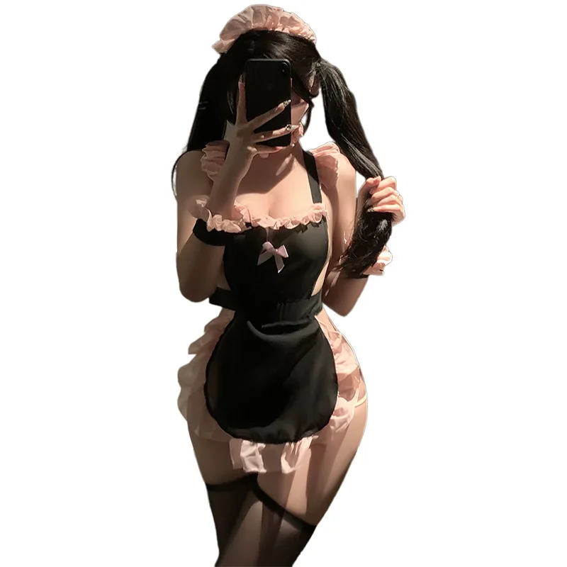 Lolita Cute Maid Dress Uniform French Apron Anime Role Play Women Sexy Lingerie See Through Lace Maid Servant Cosplay Costumes