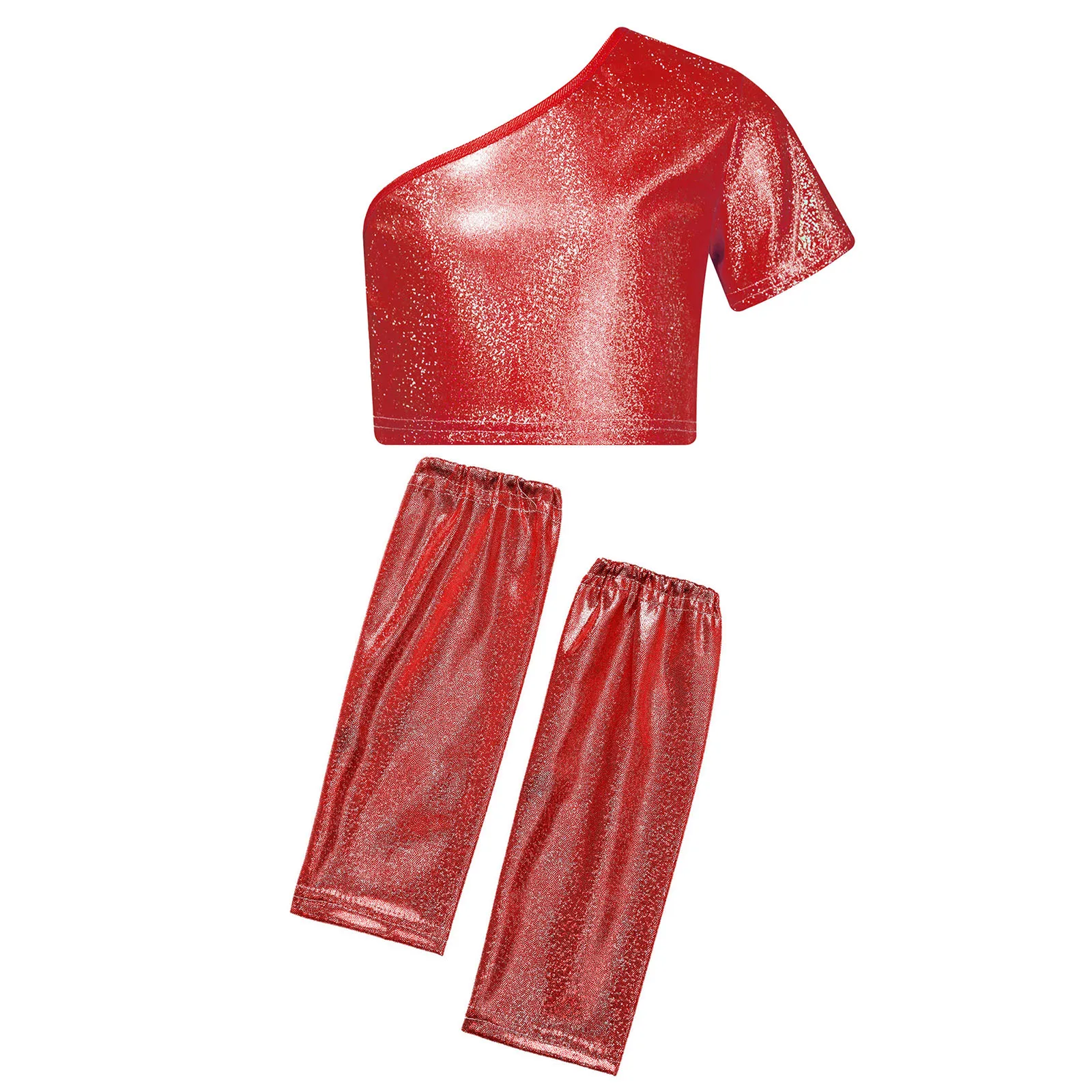 Girls Jazz Dance Costume One Shoulder Metallic Tank Crop Top with Shimmery Gloves for School Cheerleading Performance Dancewear