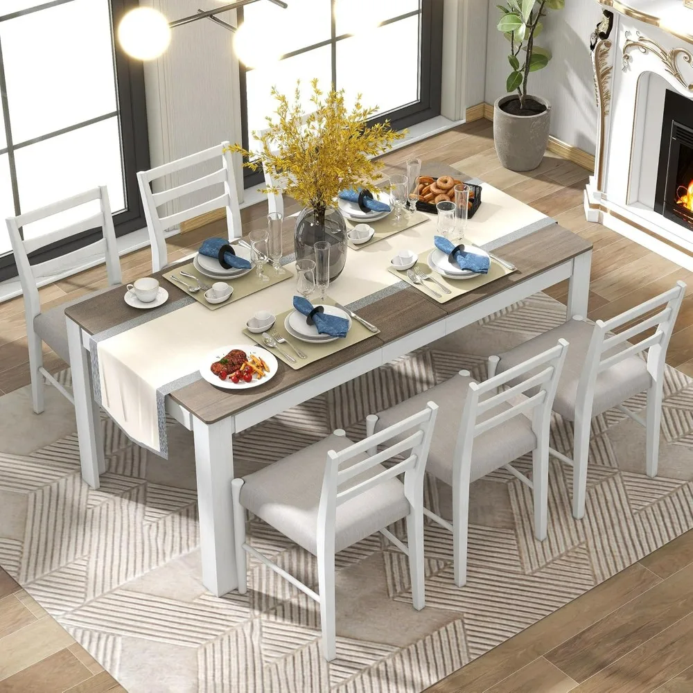 

7 Piece Modern Wooden Dining Set, Include Multifunctional Extendable Table with 12” Leaf and 2 Drawers & 6 Soft Cushion Chairs