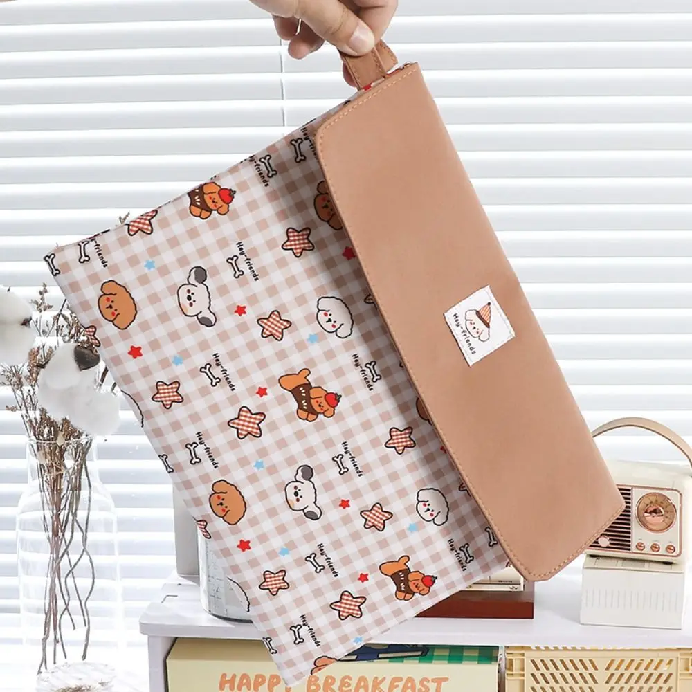 Cartoon Plaid Puppy A4 File Folder Handheld Washable Tutoring Bag Large Capacity Snap Button Document Folder School Office