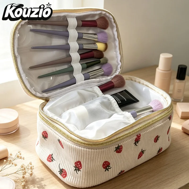 Kouzio Strawberry Corduroy Makeup Bag, Double Layer Large Capacity Cosmetic Organizer with Brush Holder for Women Travel