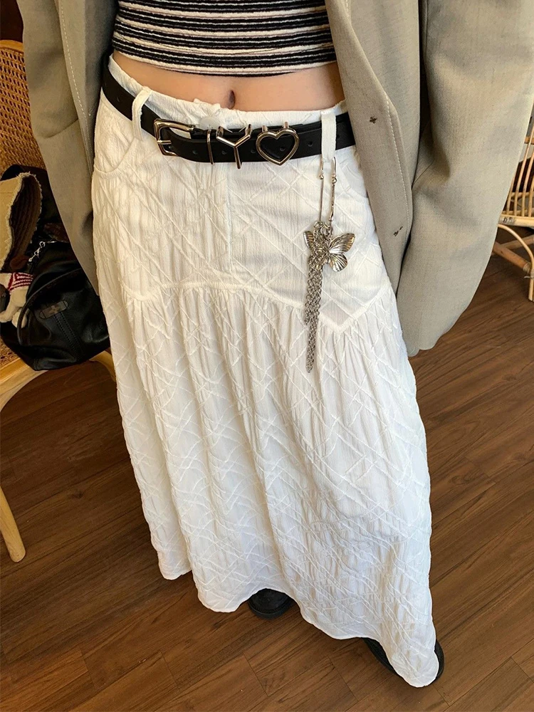 

White Lace Skirts Stereoscopic Grid High Waist Long Skirts 2025 Summer Women's Sweet Fashion Skirt Korean Style Clothing