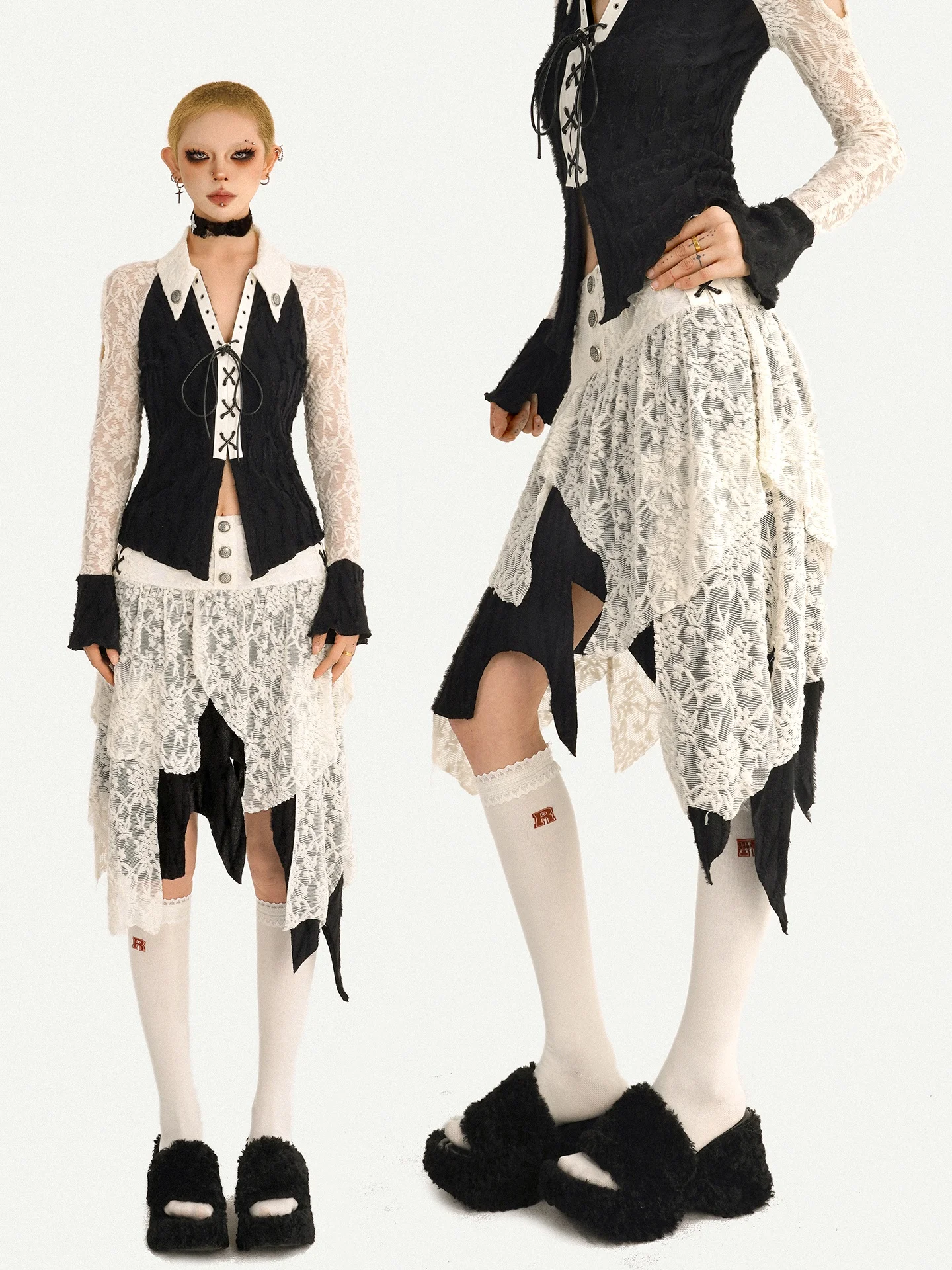 

Nico Molly Vintage Barn Style Lace Splicing Asymmetrical High Waist Women's Skirt Layered Short Skirt Irregular Half Skirt