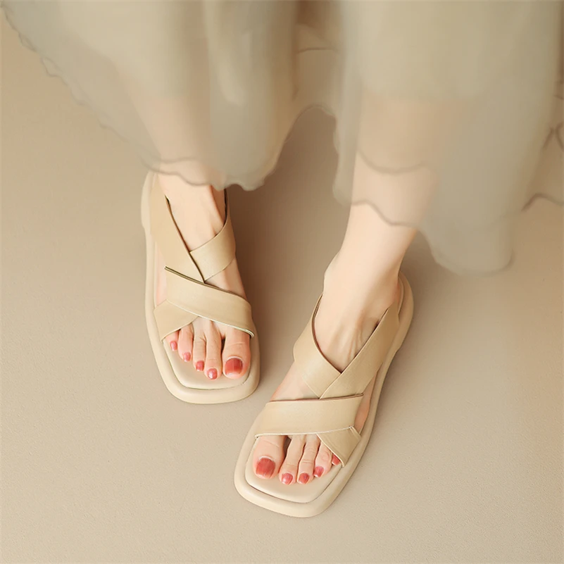 Meotina Women Genuine Leather Sandals Square Toe Platform Block Mid Heels Ladies Fashion Casual Shoes Summer Green Apricot 40