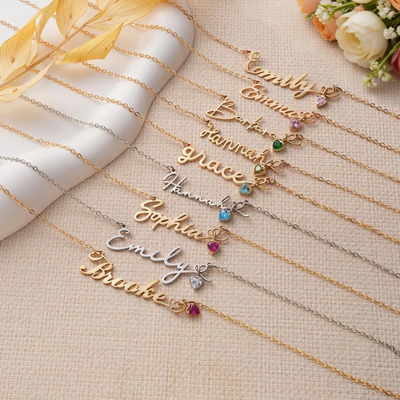 

Персонализированное ожерелье с именем и камнем рождения для женщин, из нержавеющей стали, с подвеской в форме сердца, подарок на день рождения.