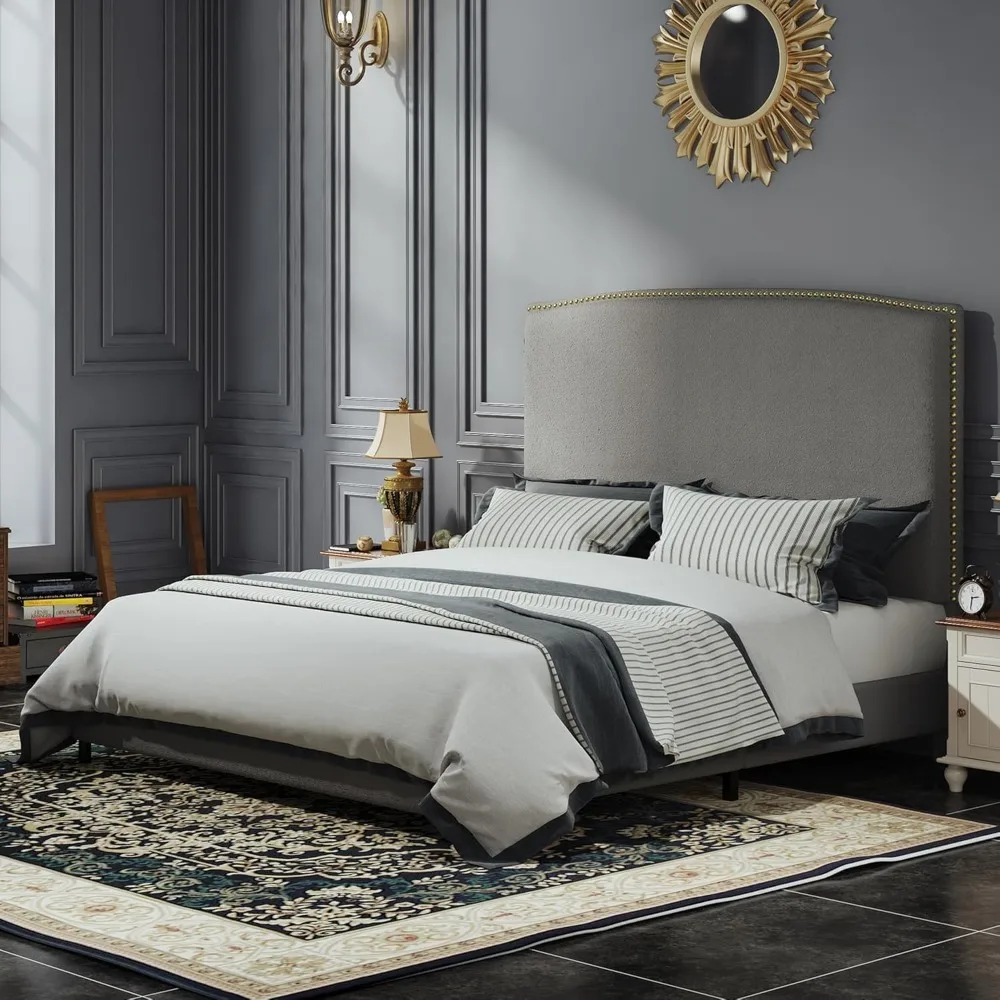 

Full Size Bed Frame with Headboard, 56 Upholstered Platform Bed with Nailhead Trim, Soft Boucle Fabric, No Box Spring Needed