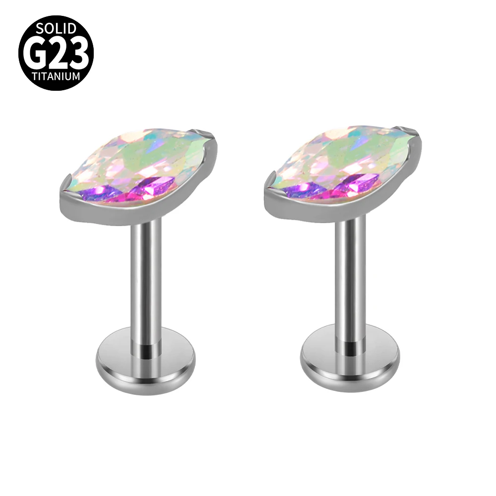 Solid Titanium Marquise Labret Lip Piercing Opal CZ Earring