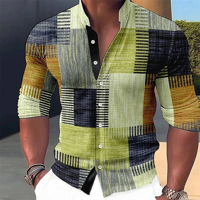 Men's shirt with patchwork grid style denim fashion, casual men's soft and comfortable high-end party top, men's street long sle